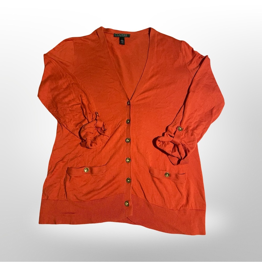 Lauren Ralph Lauren Orange Cardigan Sweater Women's Large Cotton LRL Long Sleeve
